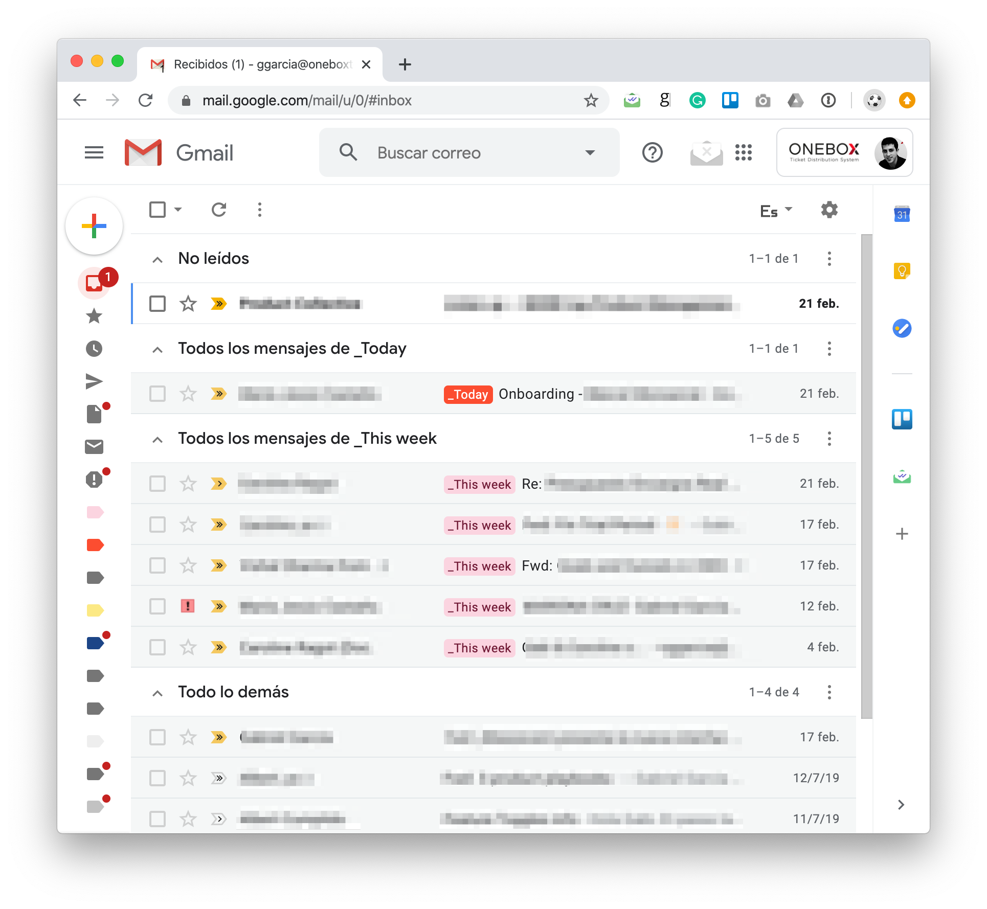 My GMail inbox with messages properly labeled